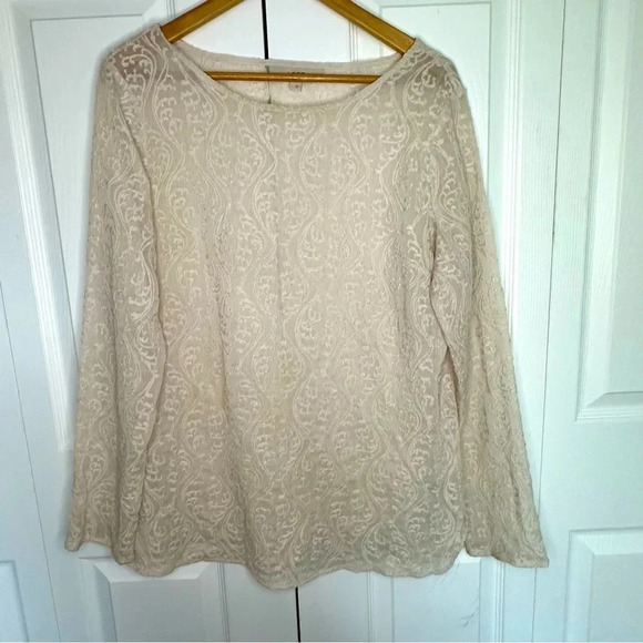 LOFT Sheer Lace Ivory Long Sleeve Blouse Size Large - Picture 2 of 12